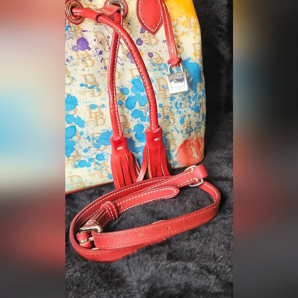 Dooney & Bourke Multicolor Splat Print Drawstring Tote with Red Trim - Picture 2 of 9